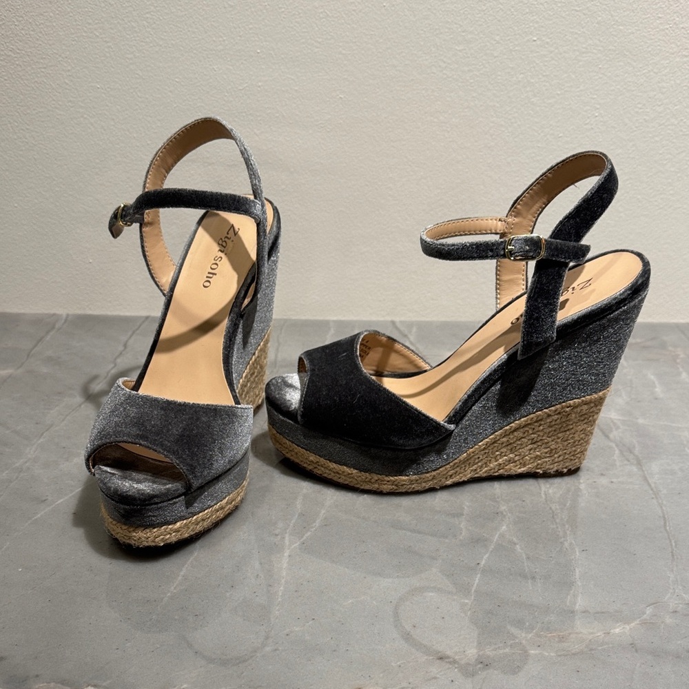 Blue grey velvet platform sandals with ankle strap
